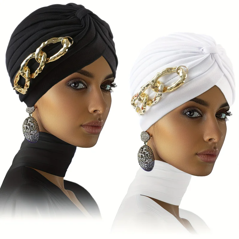 A Set of Two Bohemian-Style Woman Ethnic Style Headscarves Adorned with Golden Chain Decorations And Made of Stretchy Material