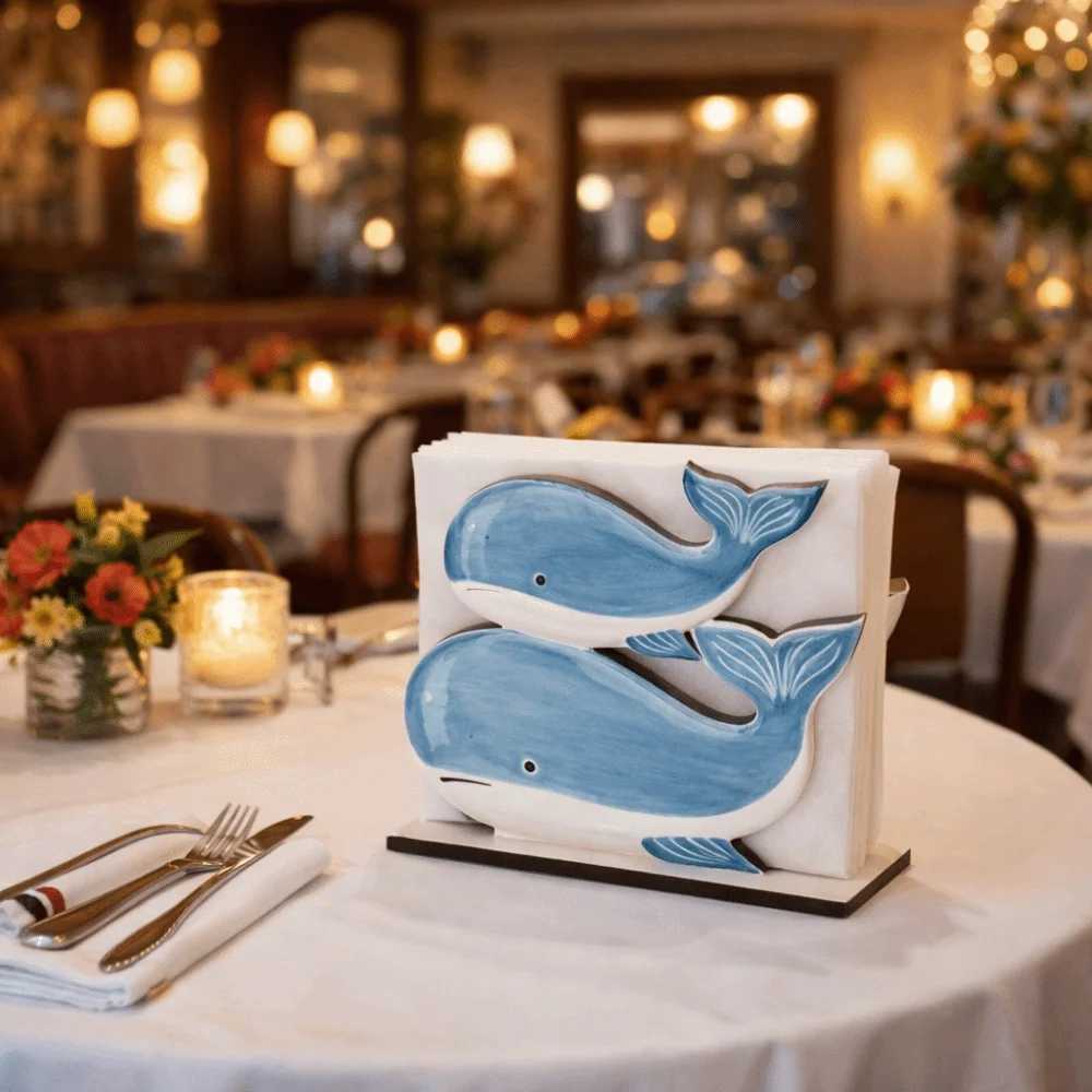 Creative Ocean Theme Wooden Napkin Holder Fish Shaped Decorative Desktop Ornament Large Capacity Tissue Holder Cafe