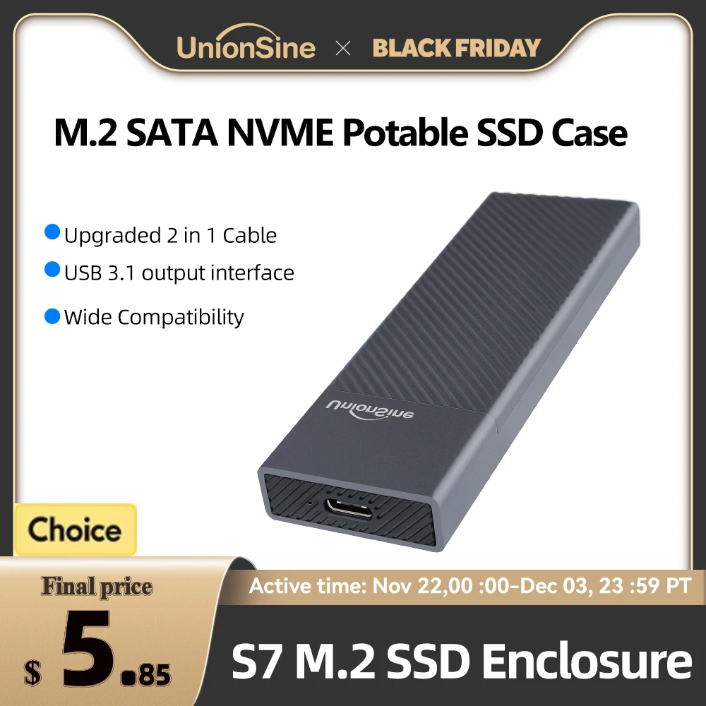 UnionSine S7 M.2 SATA NFGG Solid State Drive Enclosure USB3.1 5Gbp SSD External Storage Box 4TB SSD Case for Win for Android