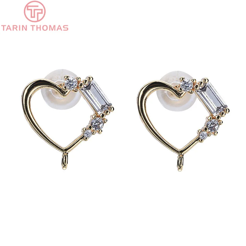 (2407)4PCS 11MM 24K Gold Color Brass with Zircon Heart Shaped Stud Earrings High Quality Jewelry Accessories