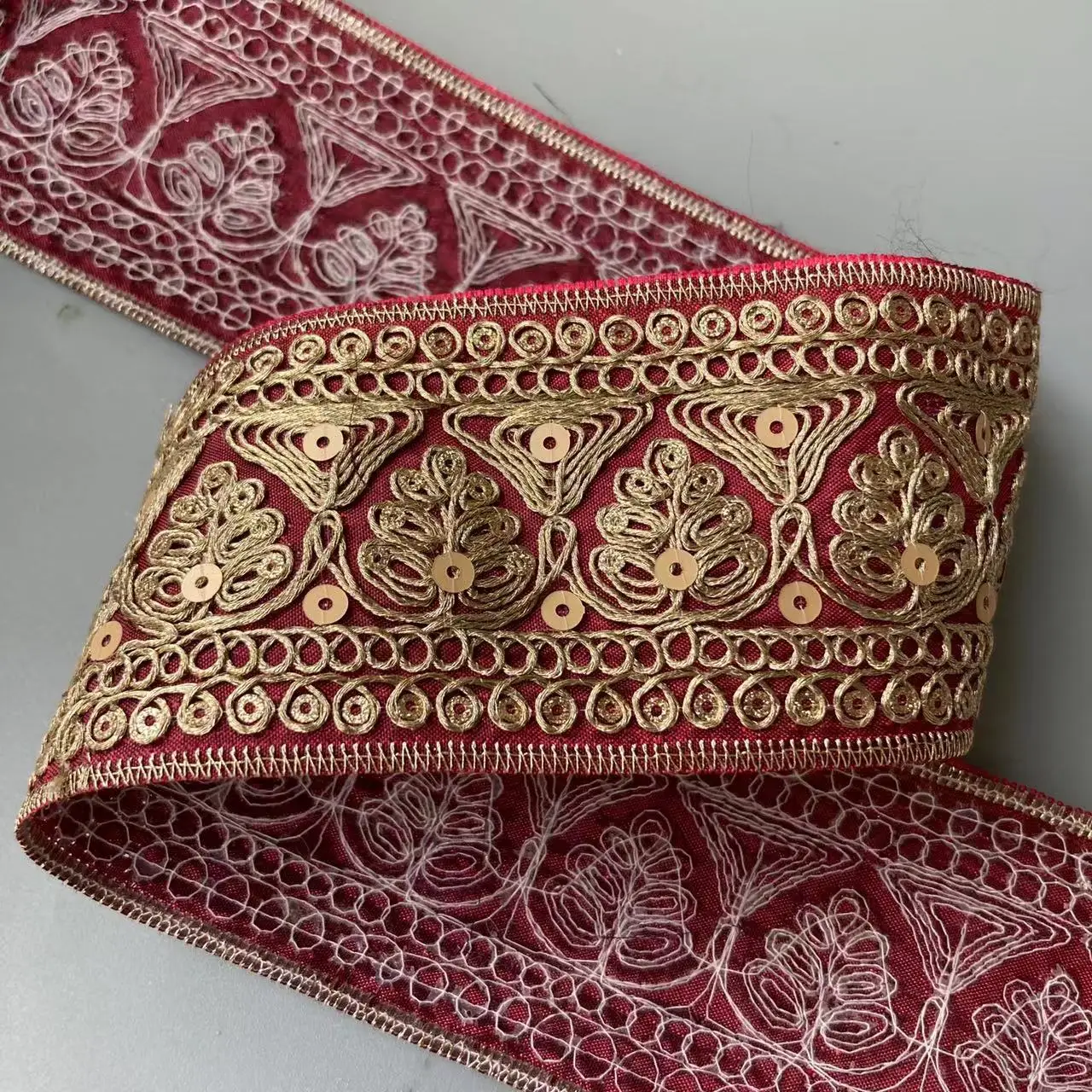 1 Yard Red Gold Thread Lace Fabric Trim Ethnic Style Clothing Sequins Embroidered For Curtain Shoes Jacquard Ribbon Accessories