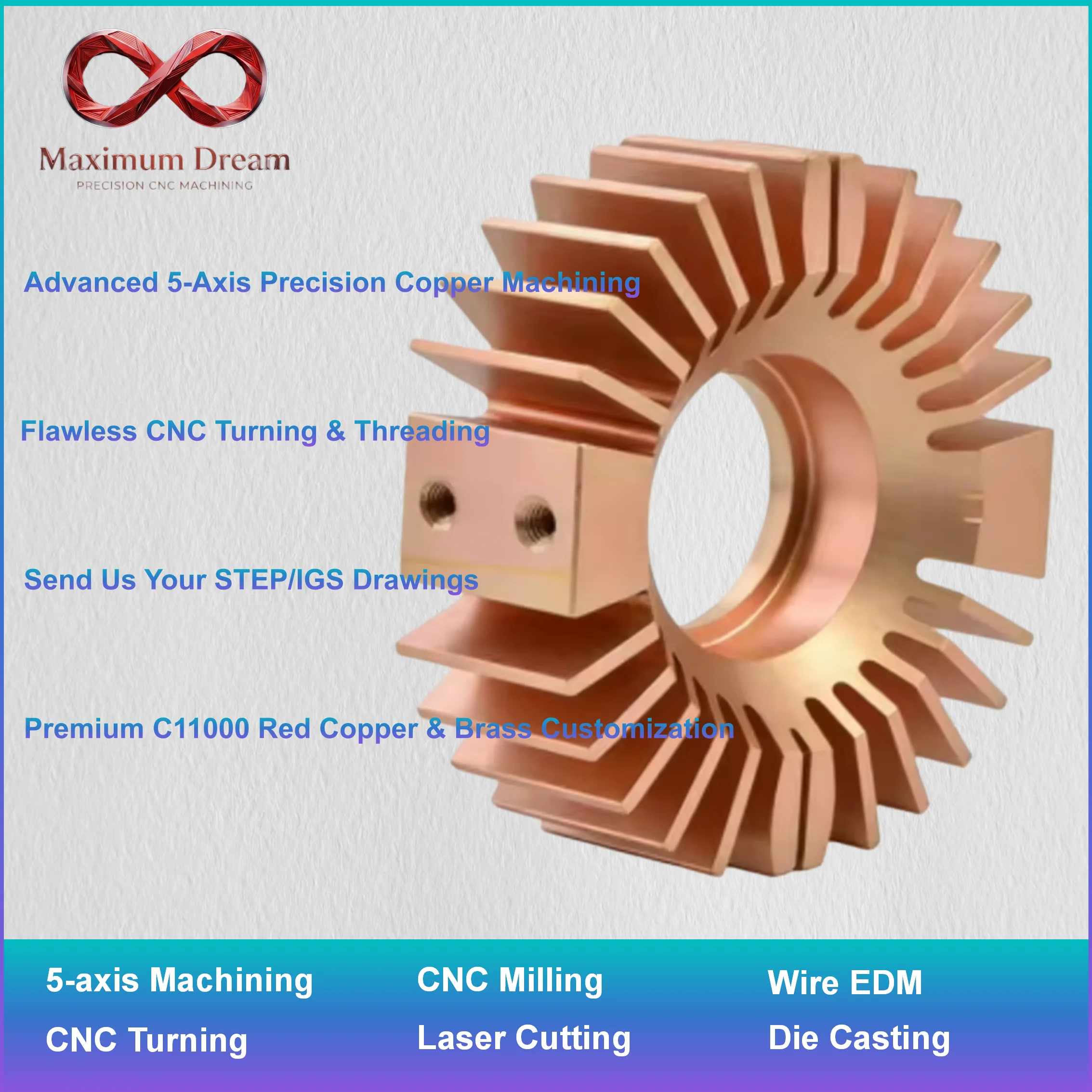 Custom Pure Copper CNC Machining Service, High Conductive C11000 C10200 Red Copper Electrical Terminal Parts, 1pc