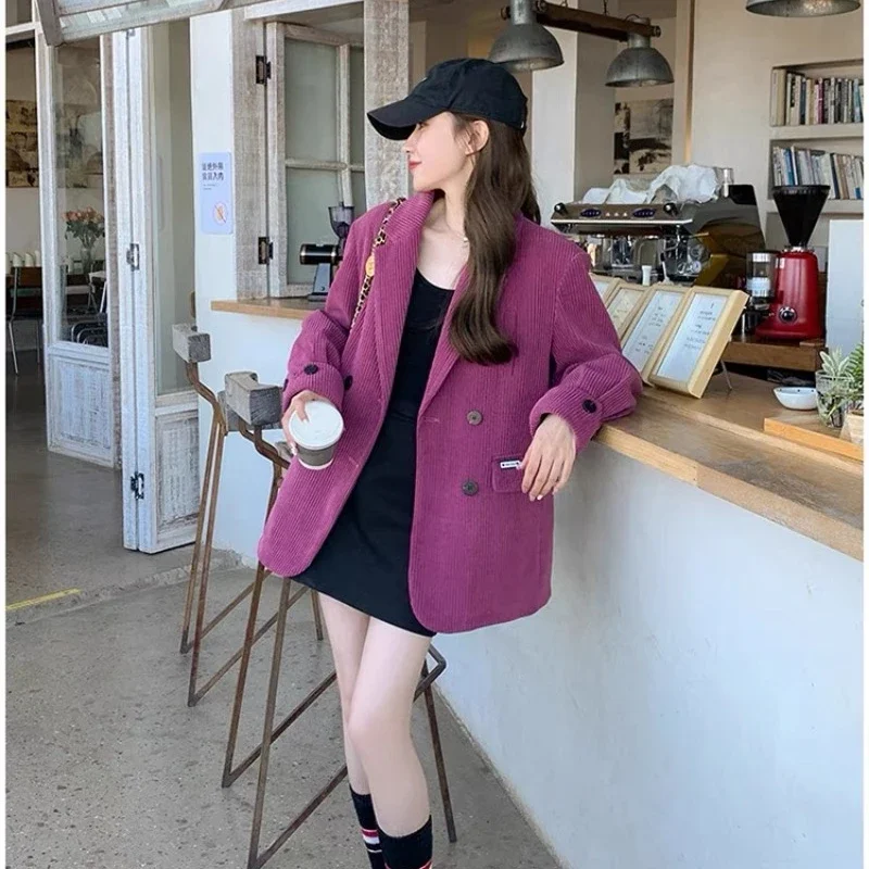 Corduroy Blazers Women Solid Color Long Sleeve Double-breasted Notched Loose Office Lady Suits Versatile Daily Short Coat Female