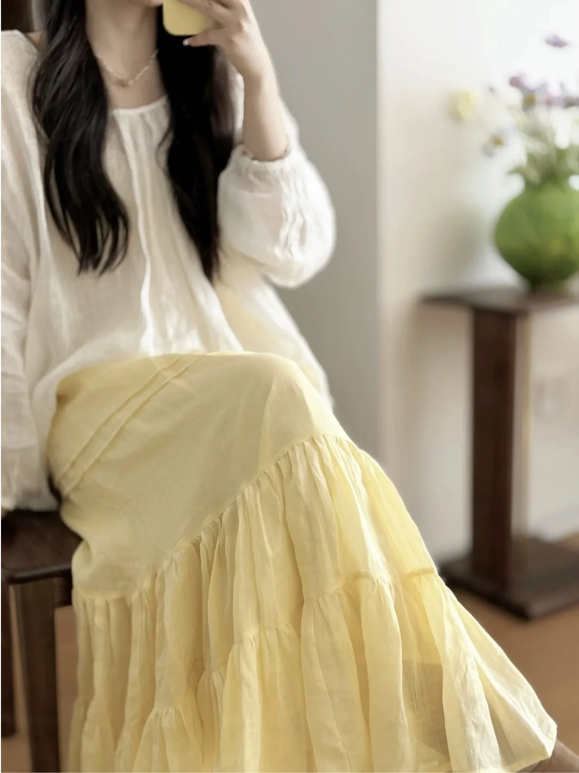 Lightweight Skirt with Gently Pleated Ruffle Splicing Cake Skirt Lace Half-length Women's Small Size Flax Long Skirt
