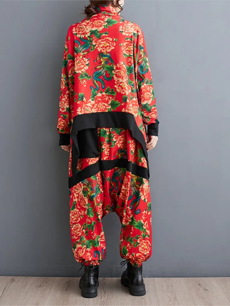 Oversized Spring Flower Print 2 Two Piece Set Women Irregular Pleated Modis Long Sleeve Ladies Blouses Loose Wide Leg Woman Pant