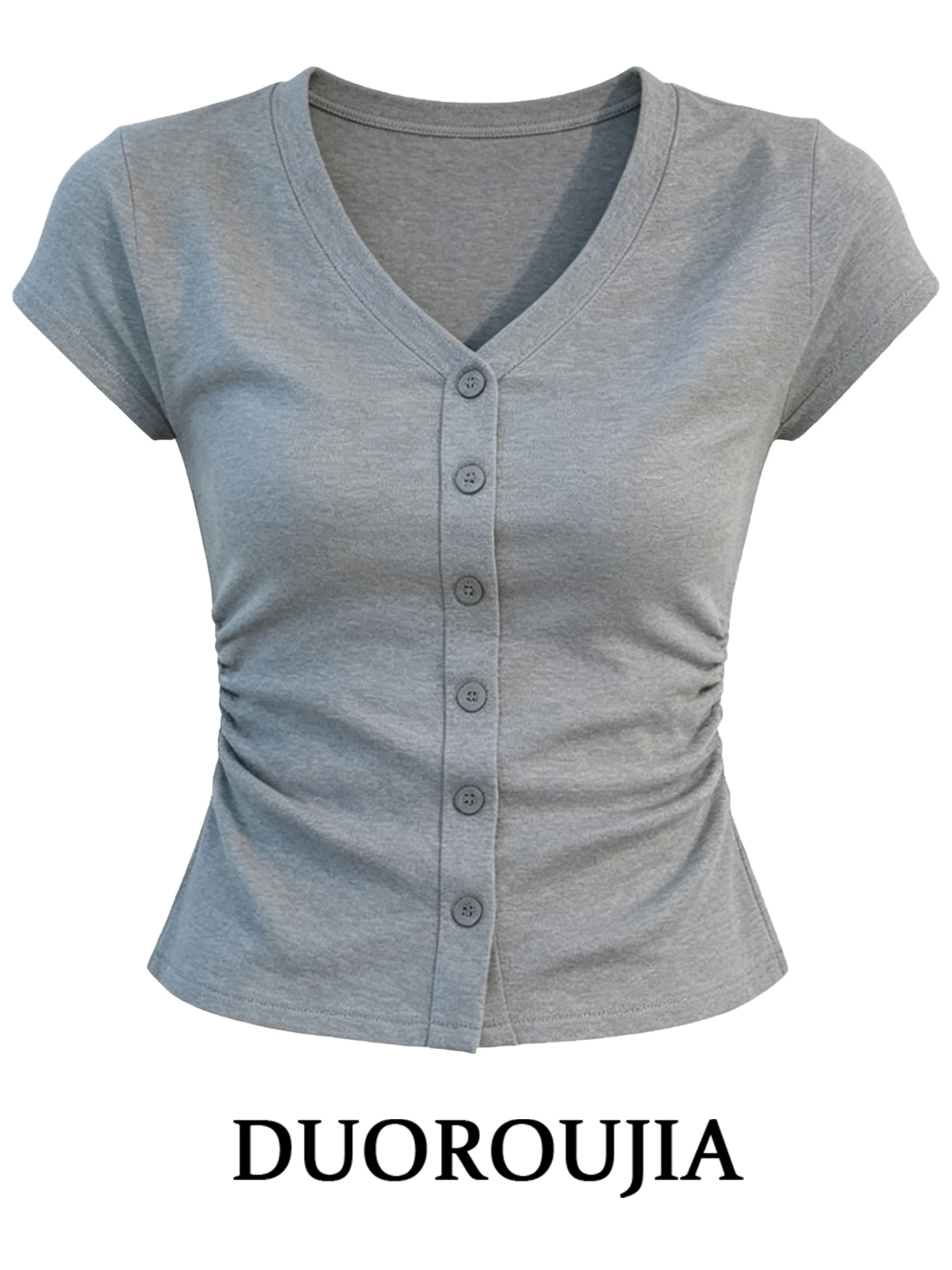 

DUOR plus Size Women's T-Shirt V-Neck Pleated Waist-Cinching Short Sleeve Casual Style Button Design Slimming Grey Top