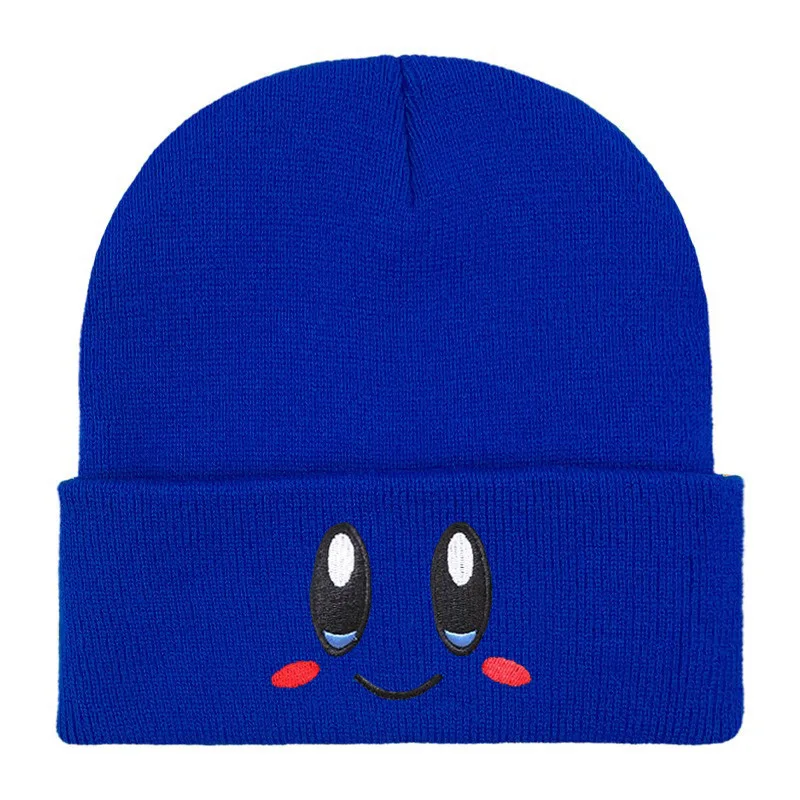 Big Eyed Smiling Face Embroidered Knitted Hat Anime Cartoon Kirbys Pink Black Cute Expression Knitted Hat Casual Hat