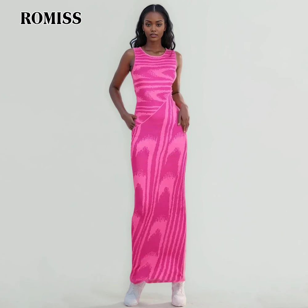 ROMISS Striped Colorblock Midi Dress For Women Round Neck Sleeveless High Waist Patchwork Zipper Slim Temperament Dress Female