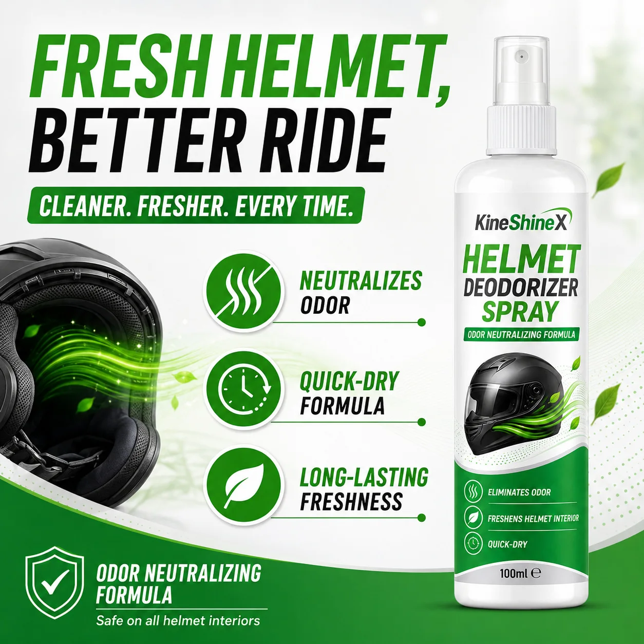 Helmet Deodorizer Spray 100ml – Odor Neutralizing Formula for Motorcycle, Bike & Sports Helmets, Quick-Dry, Freshens Interior view 3