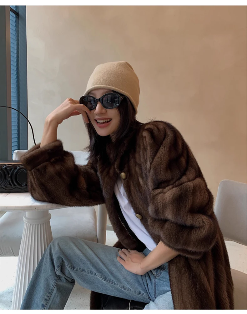 Lautaro Winter Long Brown Thick Warm Soft Faux Mink Fur Coat Women Puff Sleeve Elegant Luxury Chic Fluffy Furry Overcoat 2023