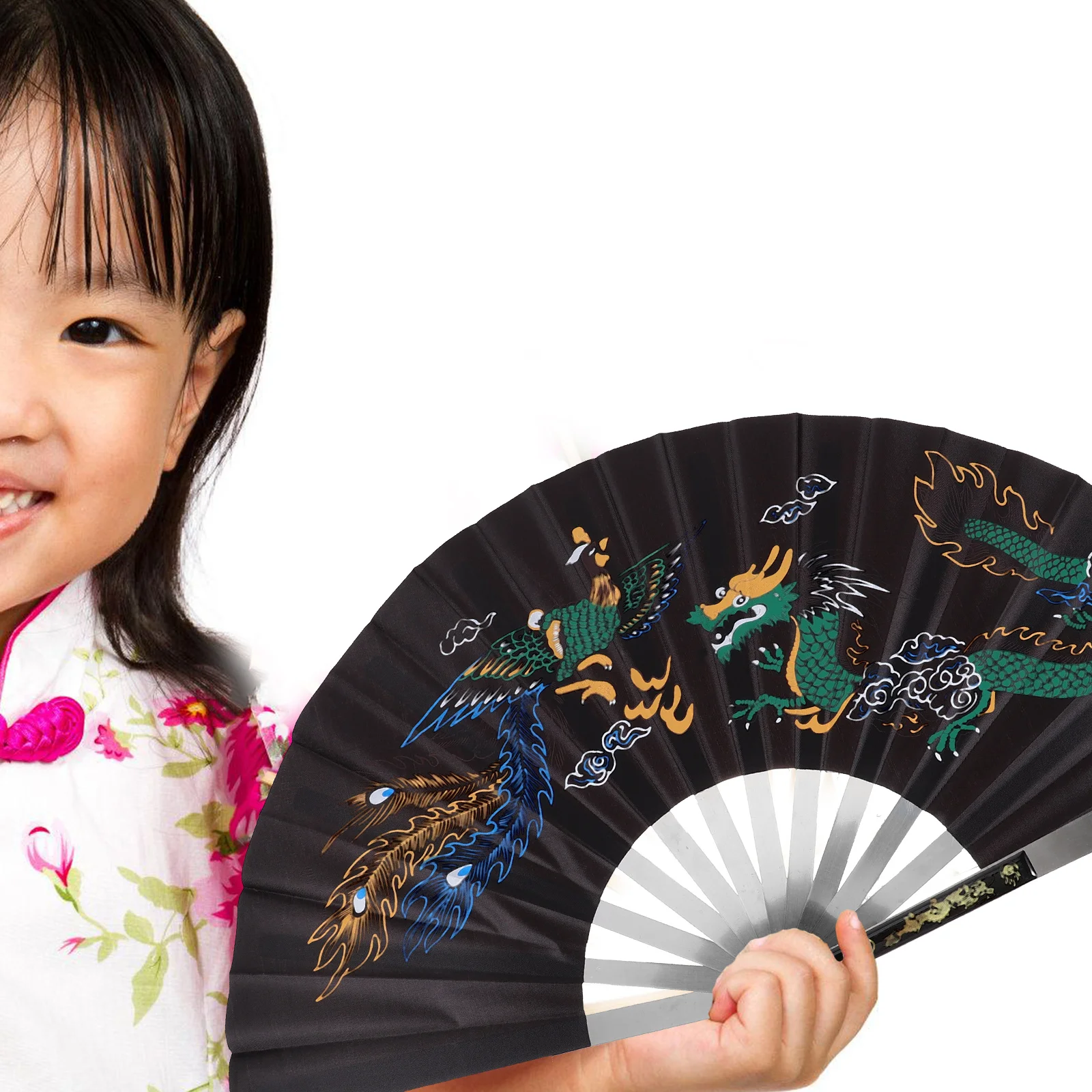 Folding Fan Dragon and Phoenix Peony Chinese Style Tai Silk Metal Hand Kung Fu Miss