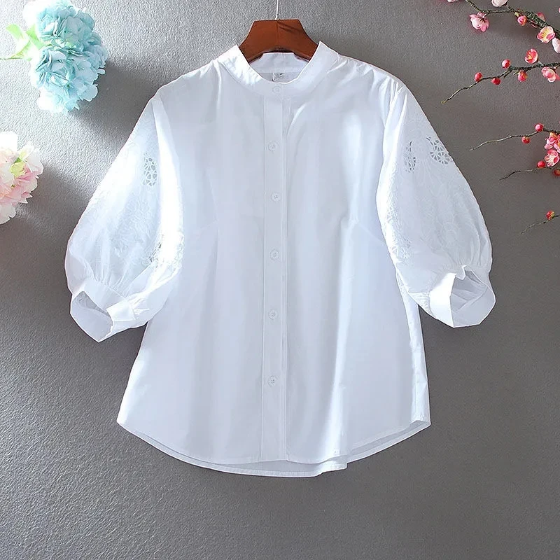 Cotton Hollow-out Embroidered Shirts 2023 New Summer Loose Single Breasted Women\'s Blouse Lantern Sleeve Elegant Tops Feminine