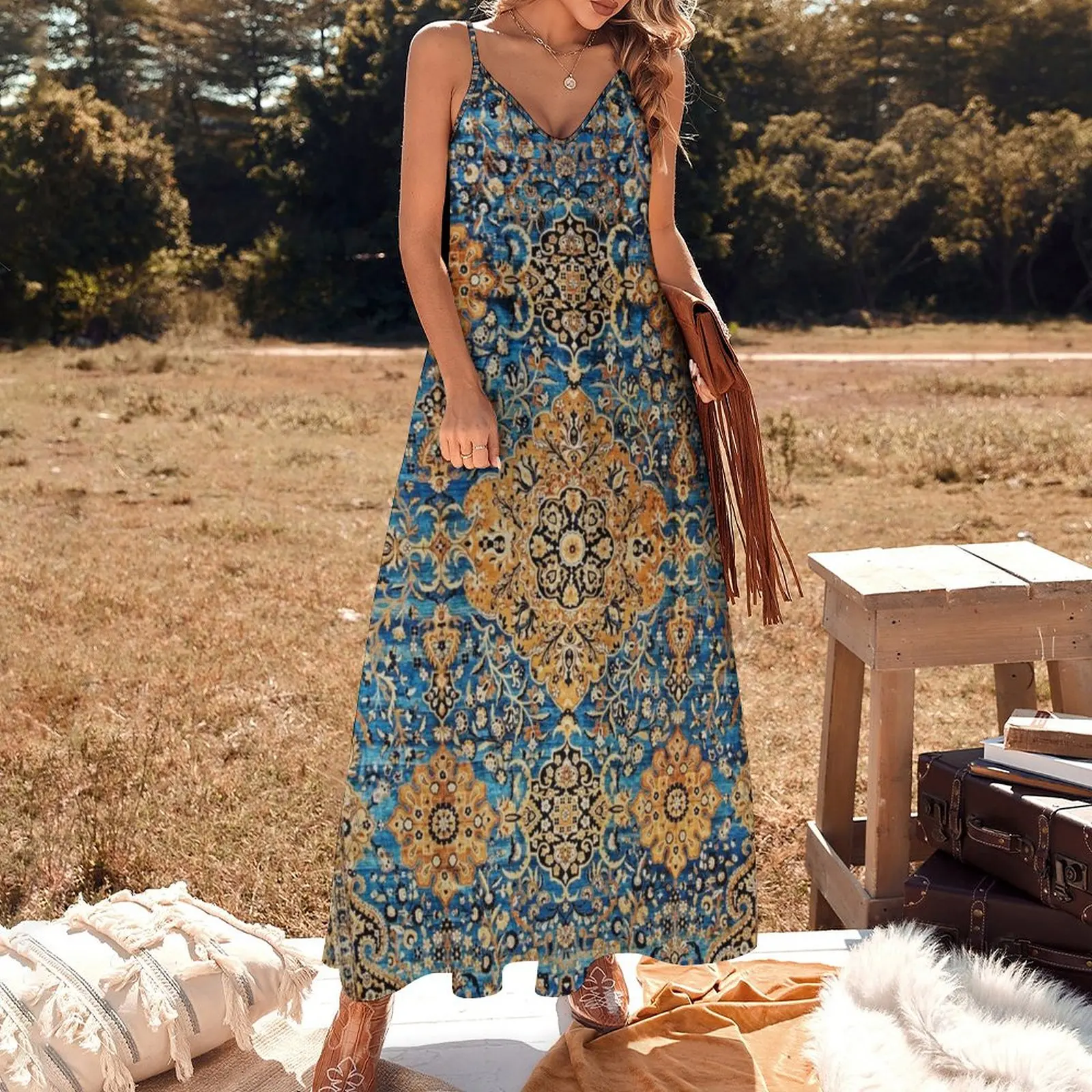 Antique Blue Persian Kirman Rug Print Sleeveless Dress luxury evening dresses 2024 luxury dresses Long veiled dresses