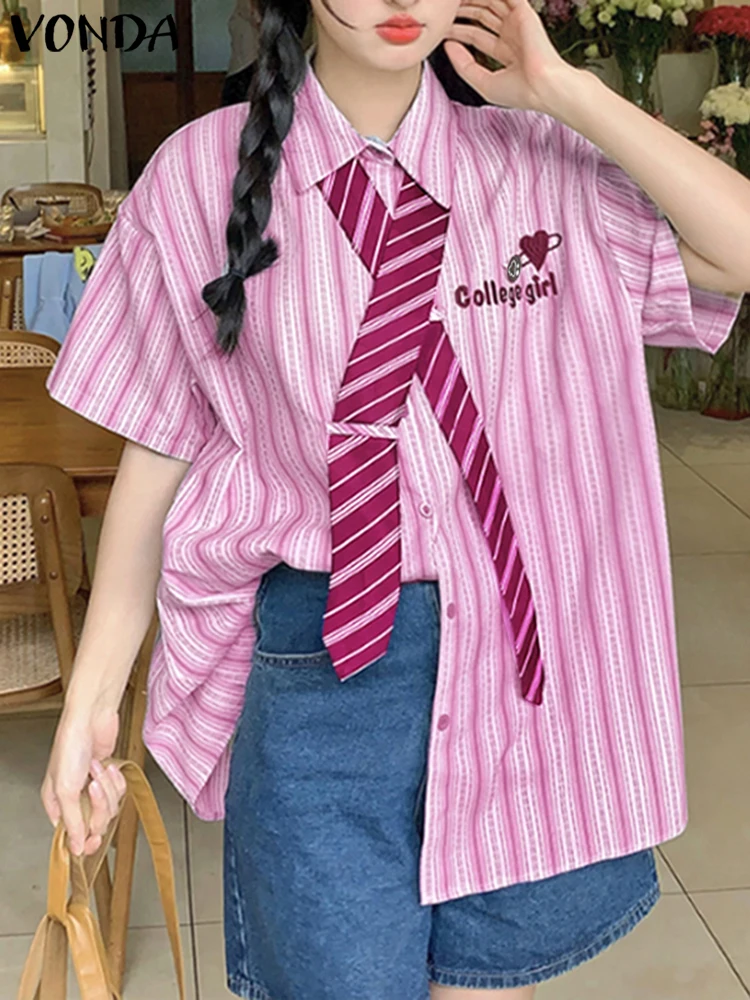 VONDA Summer Stripe Shirt Fashion Tie Turn-down Collar Tops Women Shirts Short Sleeve Blusas Party Streetwear Tunic Oversize