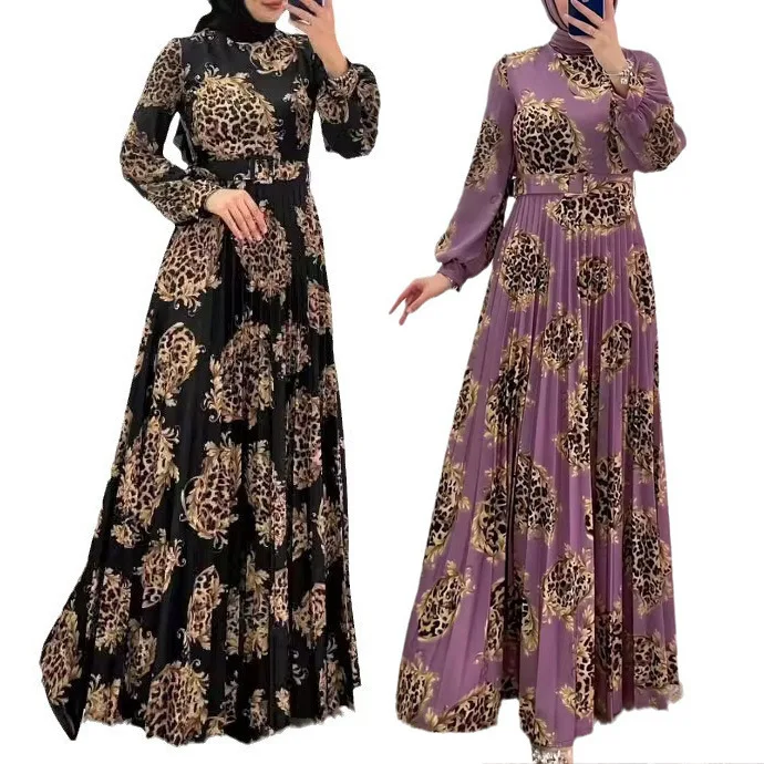 

New Modest Islamic Abaya Maxi Dress Leopard Print Belt Pleated Skirt Middle East Muslim Turkey Dubai Summer Natural Dresses