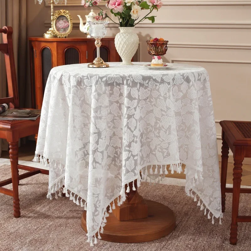 French Lace White Tablecloth Hollowed-Out Flower Tassel Tablecloths Summer Rectangle Table Cloths Decoration Living Room Home