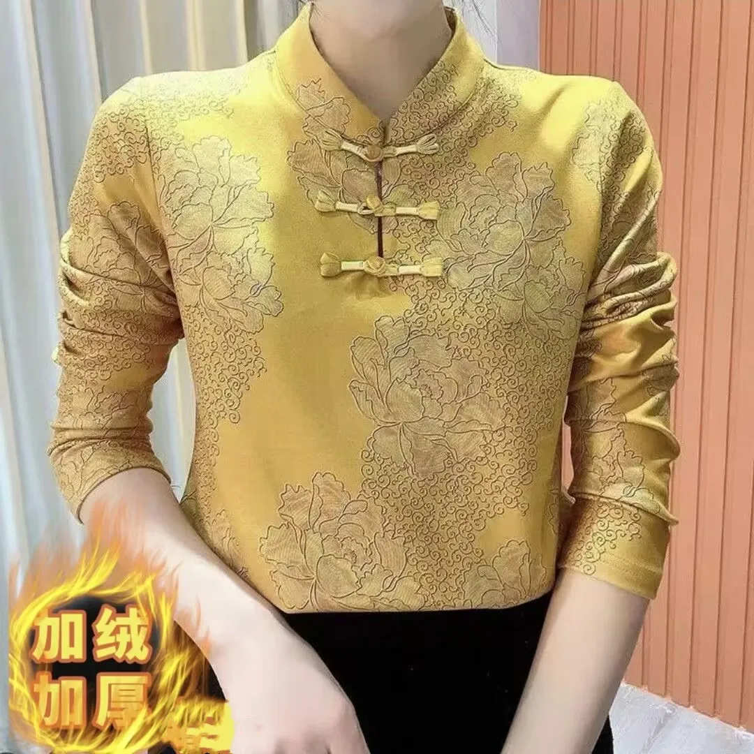 

Women Chinese Style Long Sleeve Fleece T-Shirt 2025 New Autumn Winter Cheongsam Collar Thick Base Shirt Female All-match Blouse