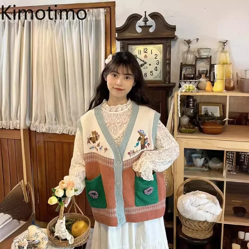 Kimotimo Vintage Colorblock Bear Embroidery Flower Knit Vest Women Korean Sweet Outwear Single Breasted Cardigan Sweater Coat