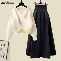 Women's Autumn Winter New Fashion Cross Knit Sweater Midi Skirt Two Piece Suit Korean Elegant Loose Pullover Dress Matching Set