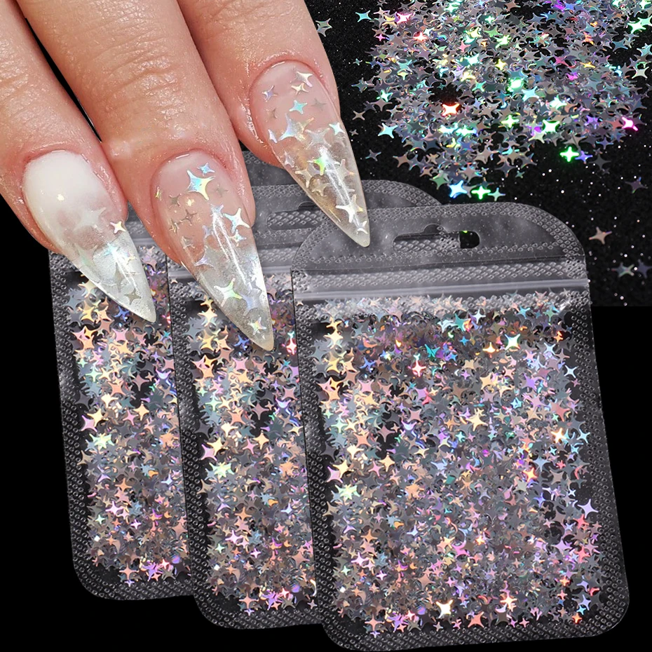 

3 пакета, голографические серебряные блестящие блестки для дизайна ногтей, блестящие четырехконечные хлопья в форме звезды, яркие блестки, маникюрный декор, ломтики