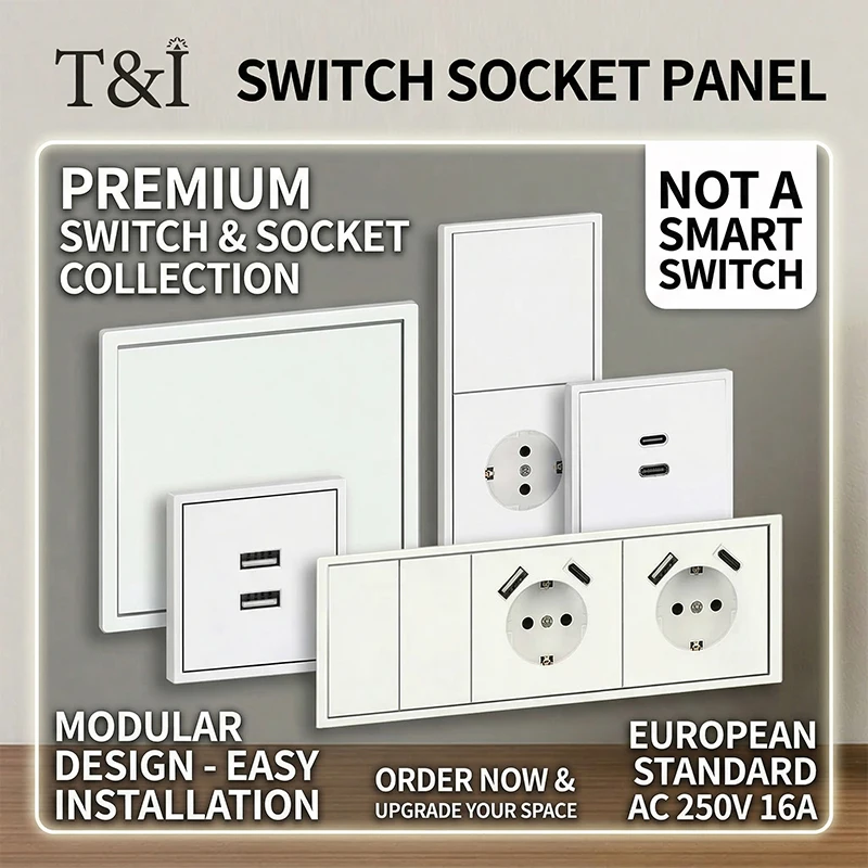 

EU Type F Wall Socket & Switch Combination Panel, 16A 250V, USB Type-C Charging Ports, 1/2 Gang, Flush Mount White 80×80mm