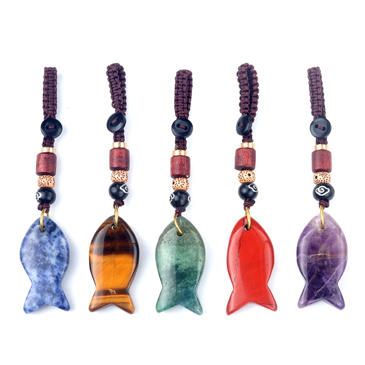 38x20mm Natural Stone Fish Keychain Braide Rope Stone Fish Pendant Key Ring for Bag Charm Reiki Healing Crystal Handmade Jewelry
