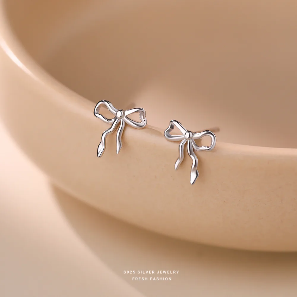 

S999 Pure Silver Bowknot Stud Earrings for Women - Minimalist Ribbon Shape Jewelry Cute Daily Wear Gift