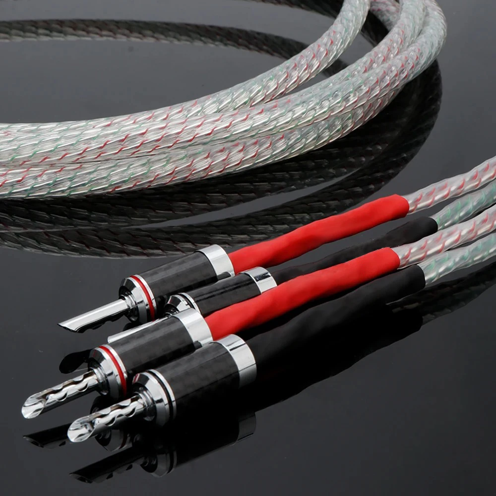 

Пара Hi-Fi акустических кабелей 7N OCC посеребренный провод сабвуфера аудиофильский углеродное волокно банан Y разъем рупор для динамика CD усилитель