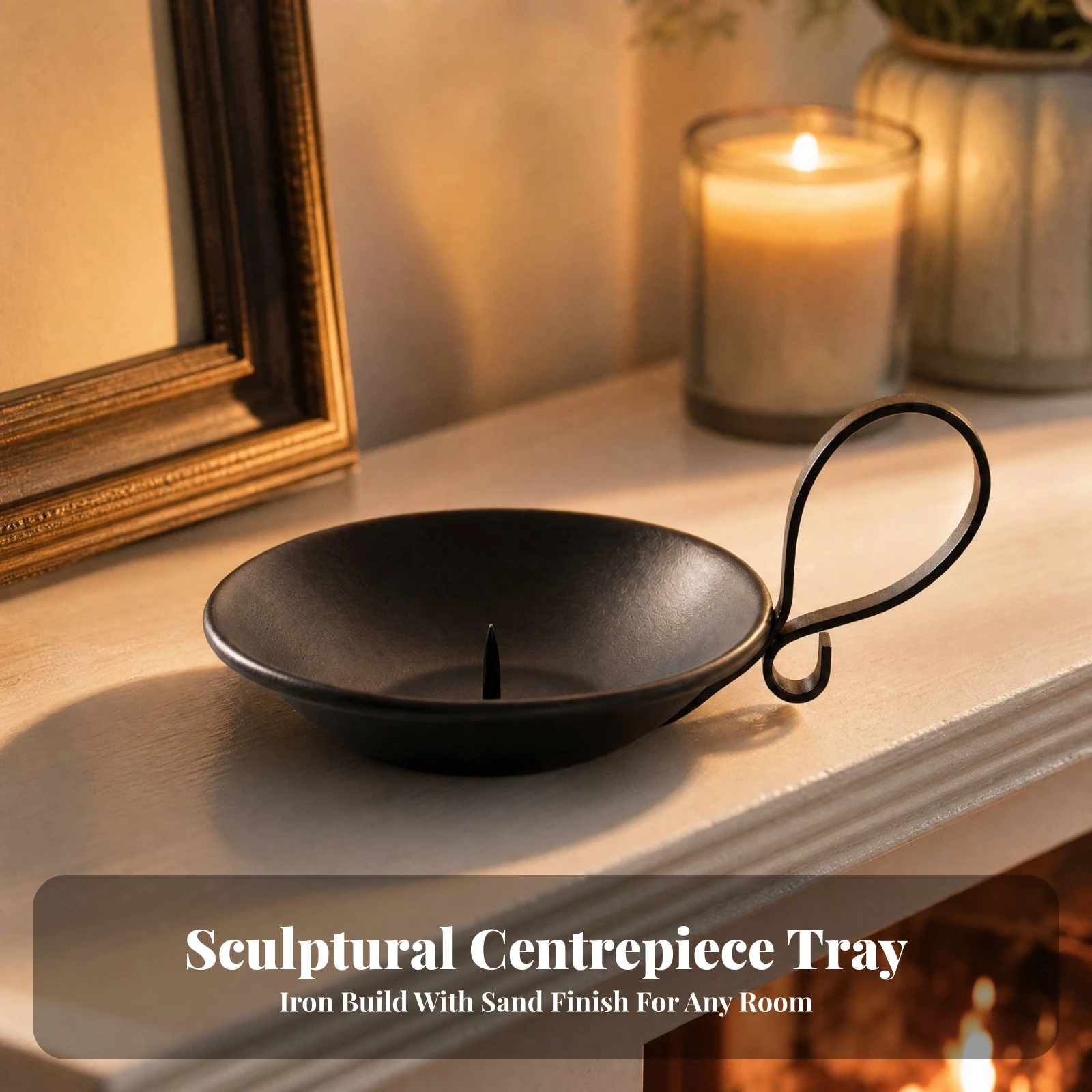 Matte Black Iron Candle Holder with Handle Industrial Shallow Tray Candle Holder Rustic Farmhouse for Coffee Table, Mantel