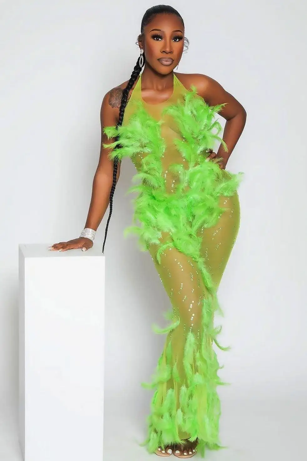 Flourish Green Feather Mesh Dress