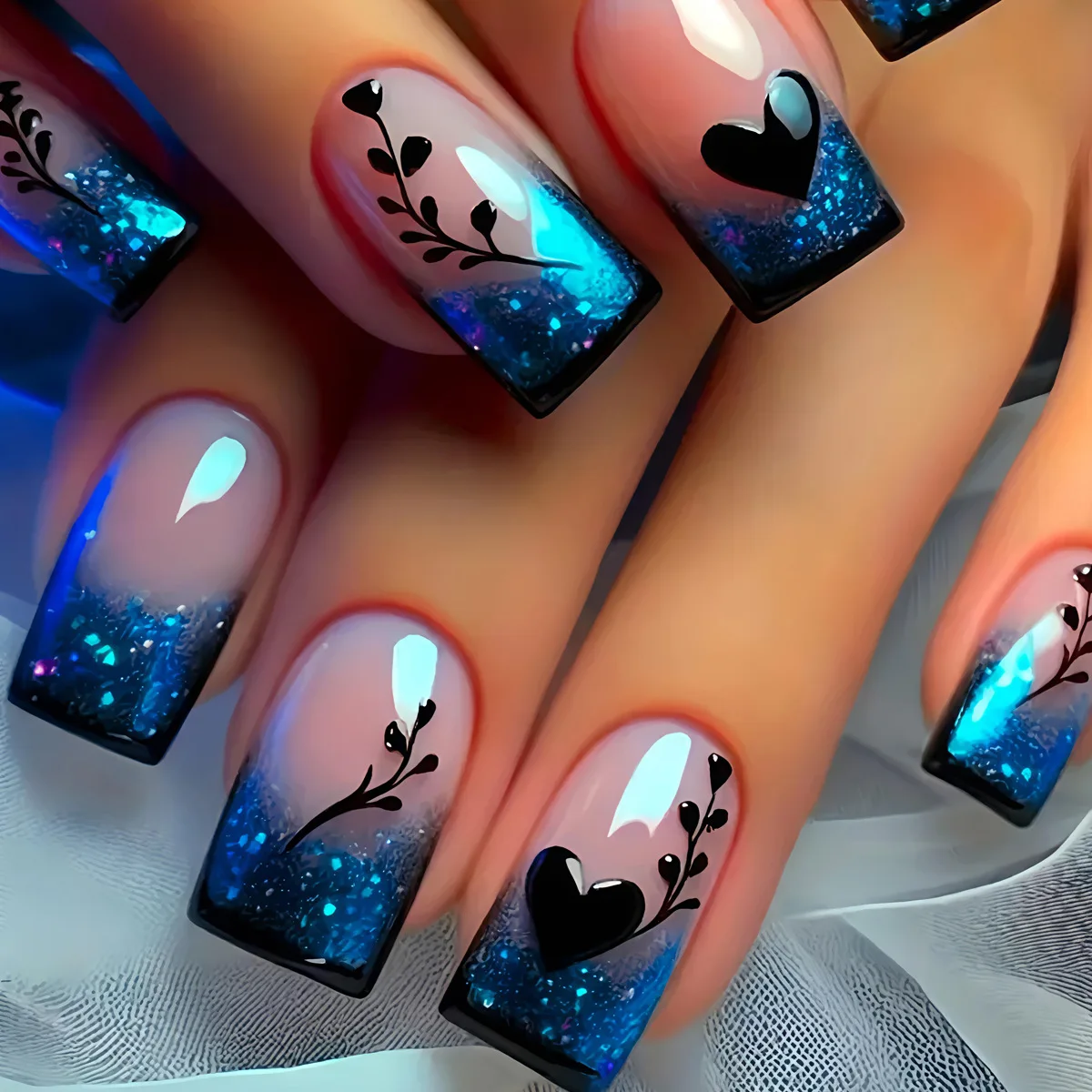 

24Pcs Medium Square Press On Nails, Nude with Gradient Deep Blue French Tips & Black Flower Heart Fake Nails