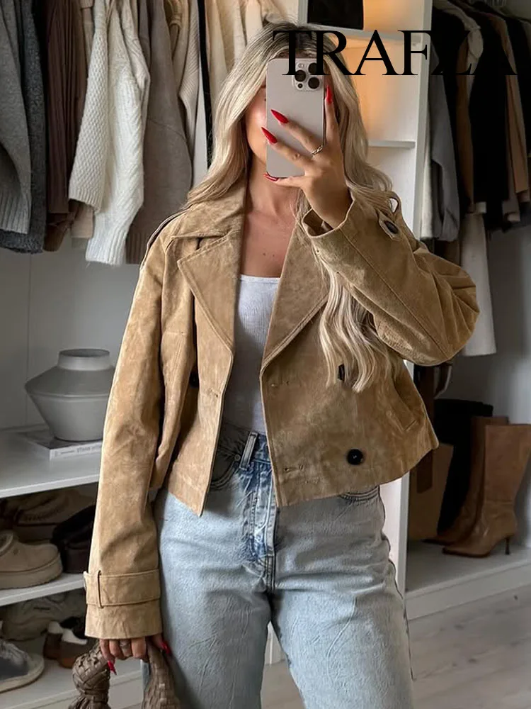 

HH 2025 Autumn Woman Elegant Lapel Long Sleeves High Street Coats Women Pocket Double-Breasted Design Casual Short Jacket