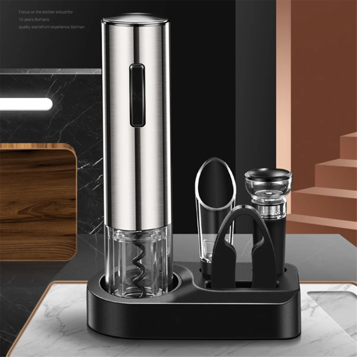 فتاحة زجاجات النبيذ الكهربائية 4 في 1 مع مهوية النبيذ، وقاطع رقائق النبيذ المفرغة وقاعدة تخزين قابلة لإعادة الشحن-T33C #5