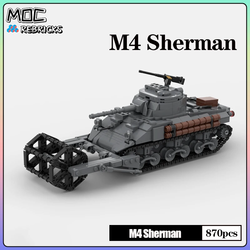 Military MOC M4 Sherman Antimines Armored Combat Vehicle Building Block Model Bricks Set DIY Toys for Kid Christmas Gifts