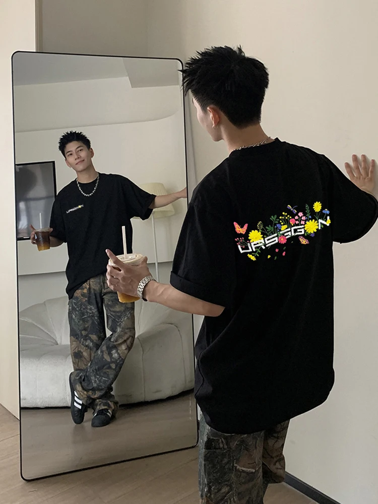 Trendy Embroidered Cotton Men's T-Shirt Short Sleeve Rigorous Summer Heavyweight Pure American High Street Couple Half Sleeve