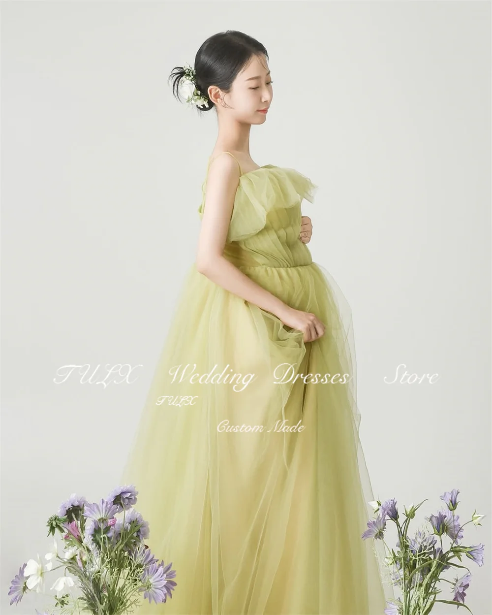 TULX vert Tulle robe de soirée corée grossesse mariage séance Photo bretelles longue robe de soirée de mariée Corset personnalisé