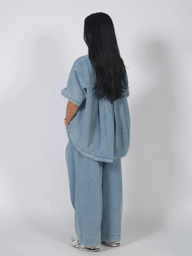 Denim-Übergrößen-Oberteil und Hosen-Set für Damen, Street-Style O-Ausschnitt Kurzarm mit Unregelmäßigem Saum, Lockere Oberteile und Weite Hosen, Schicke Damen-Outfits – Detail 5
