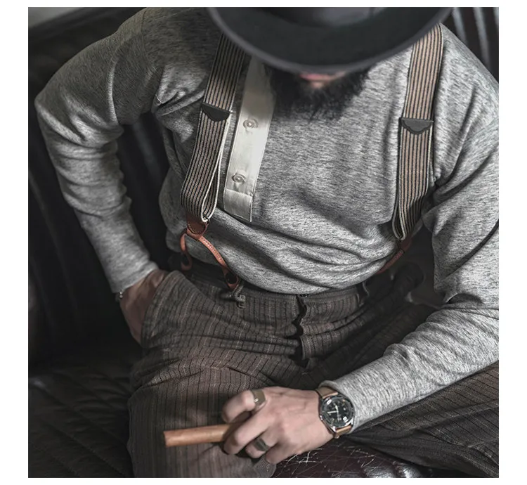 BRONSON Vintage Y Shape Suspenders, Old Time Patch Leather Braces, American Workwear Retro Shoulder Straps
