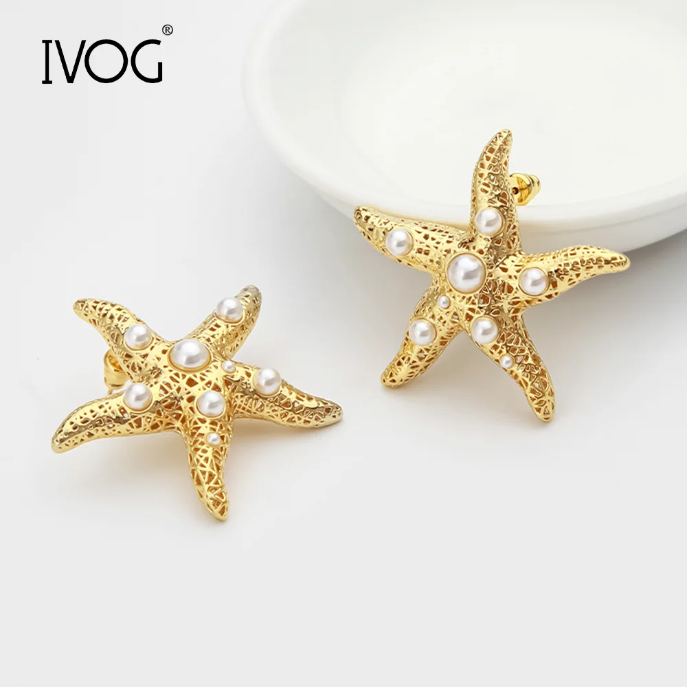 IVOG Hollow Five-pointed Star Design Earring For Women Freshwater Pearl Earrings Fashion Jewelry Party Gifts