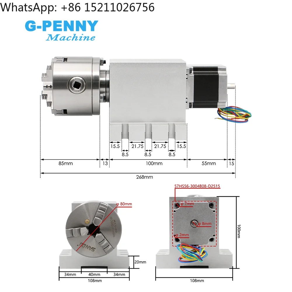 G-Penny 4th Axis Nema23 Stepper Motor 3/4Jaw 80/100mm CNC Milling Machine Dividing Head/Rotation Axis/A Axis Kit Tailstock