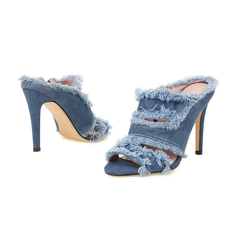 Brushed Denim Jeans Fabric Blue Women Shoes High Heel Slides 2022 Brand New Open Toe Slippers Slip-on Mules Sandals Size 33-43