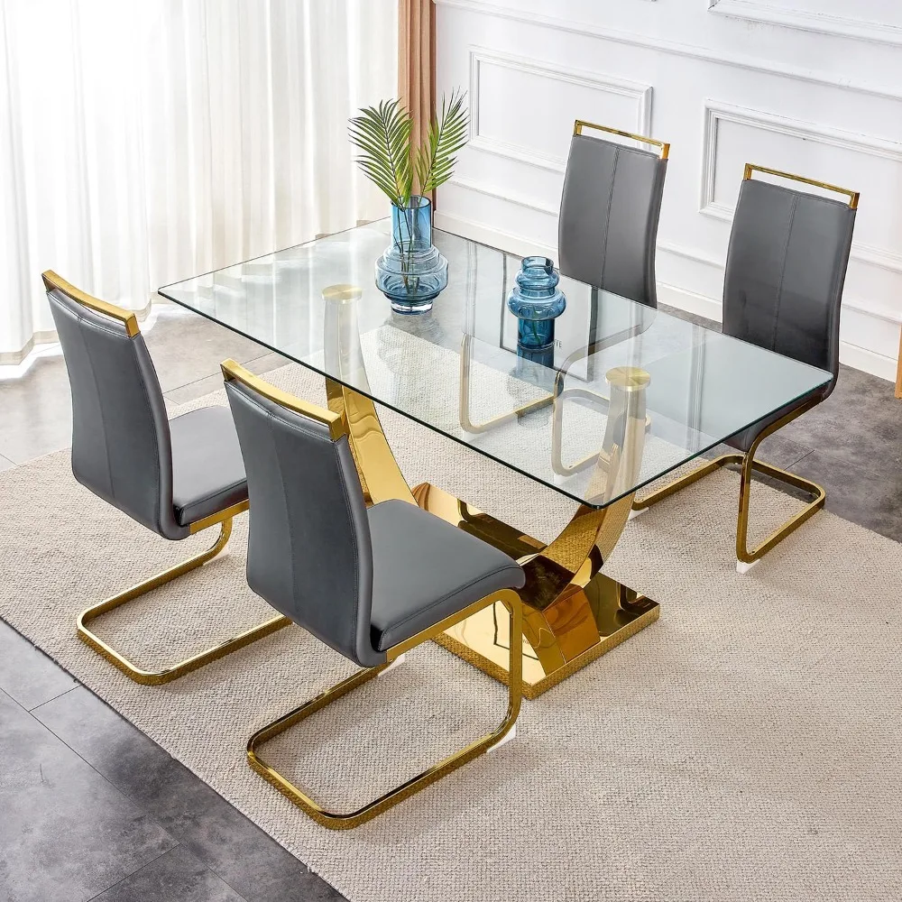 

63 Inch Glass Dining Table for 4 People, Rectangular Tempered Glass Tabletop and Gold Base Dining Table