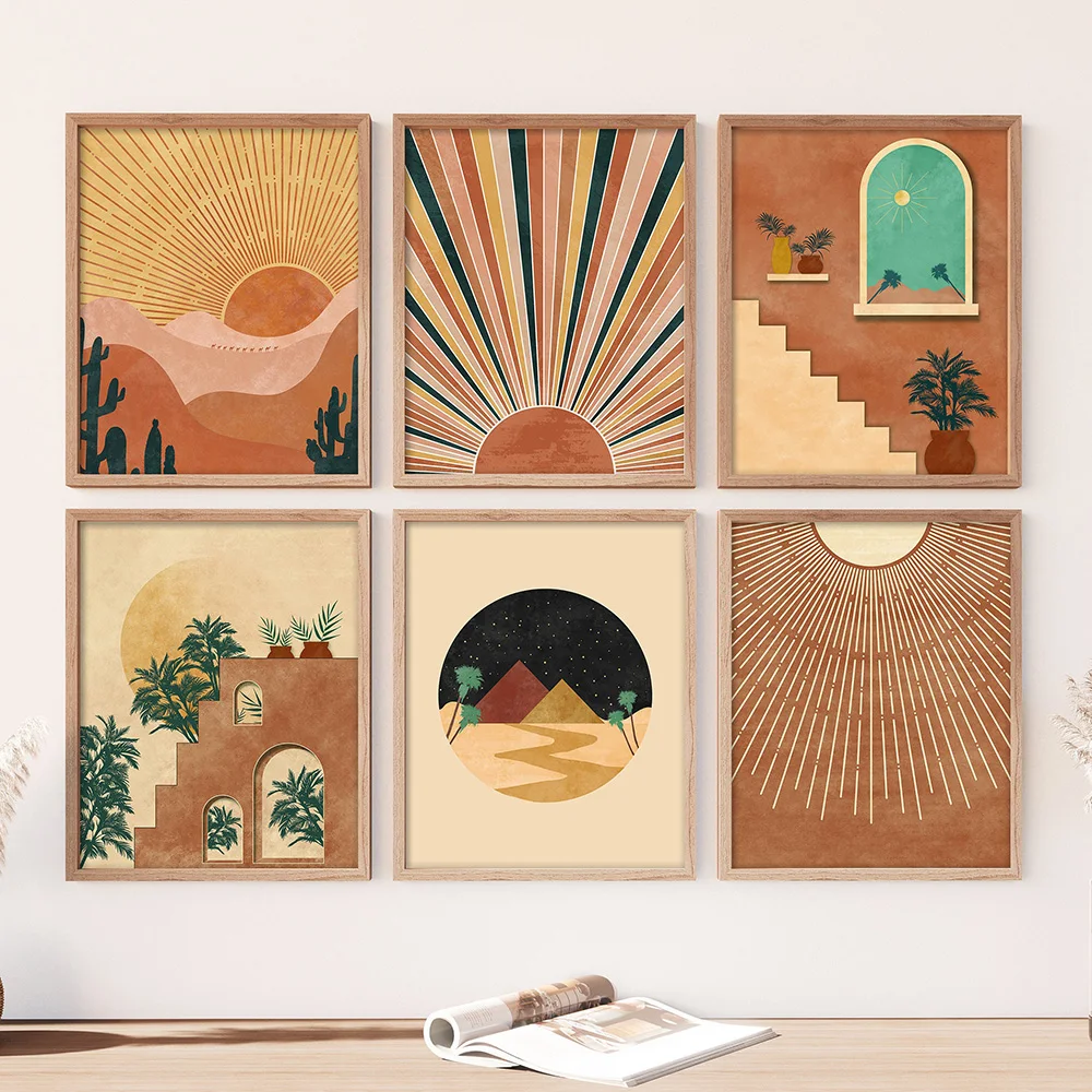 Boho Landschaft Wand Kunst Bilder Terrakotta Sonnenuntergang Hügel Wüste Abstrakte Leinwand Malerei Poster Druck Für Wohnzimmer Wohnkultur