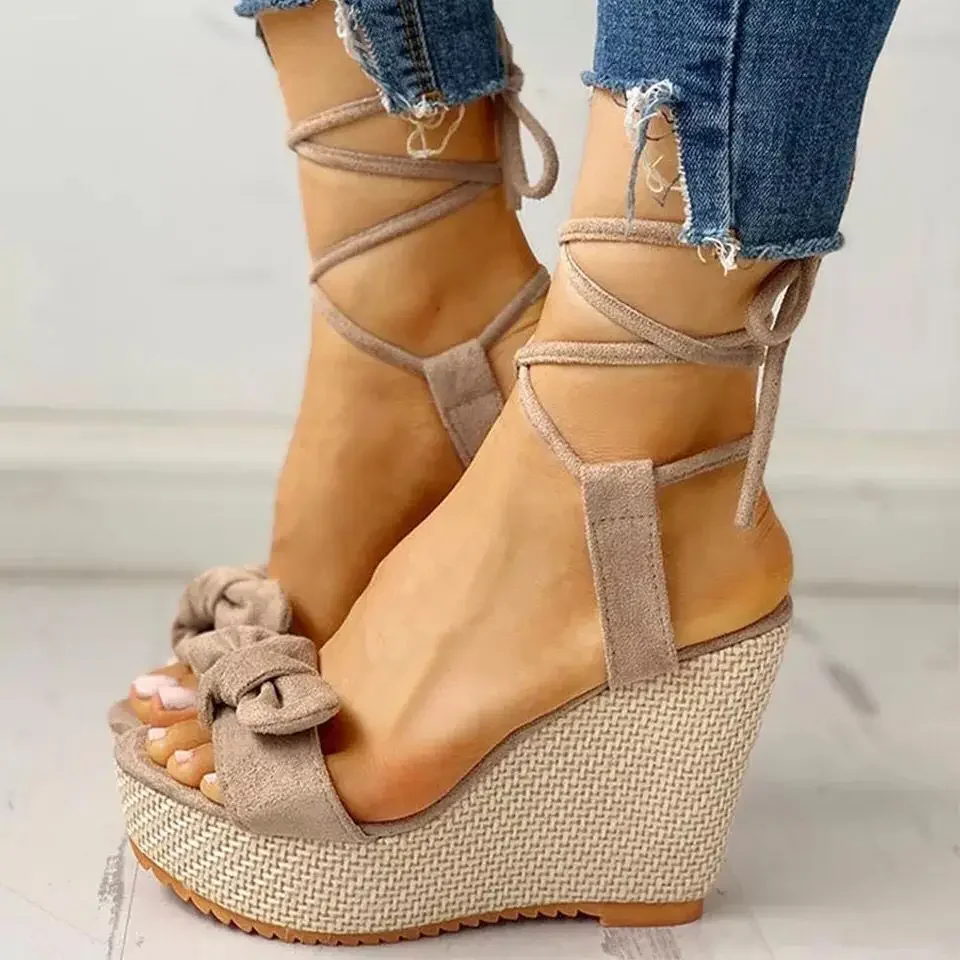 Summer Ankle Strap Women Sandals Platform Wedges High Heel Flock Butterfly Peep Toe Fashion Female Ladies Shoes Zapatos De Mujer