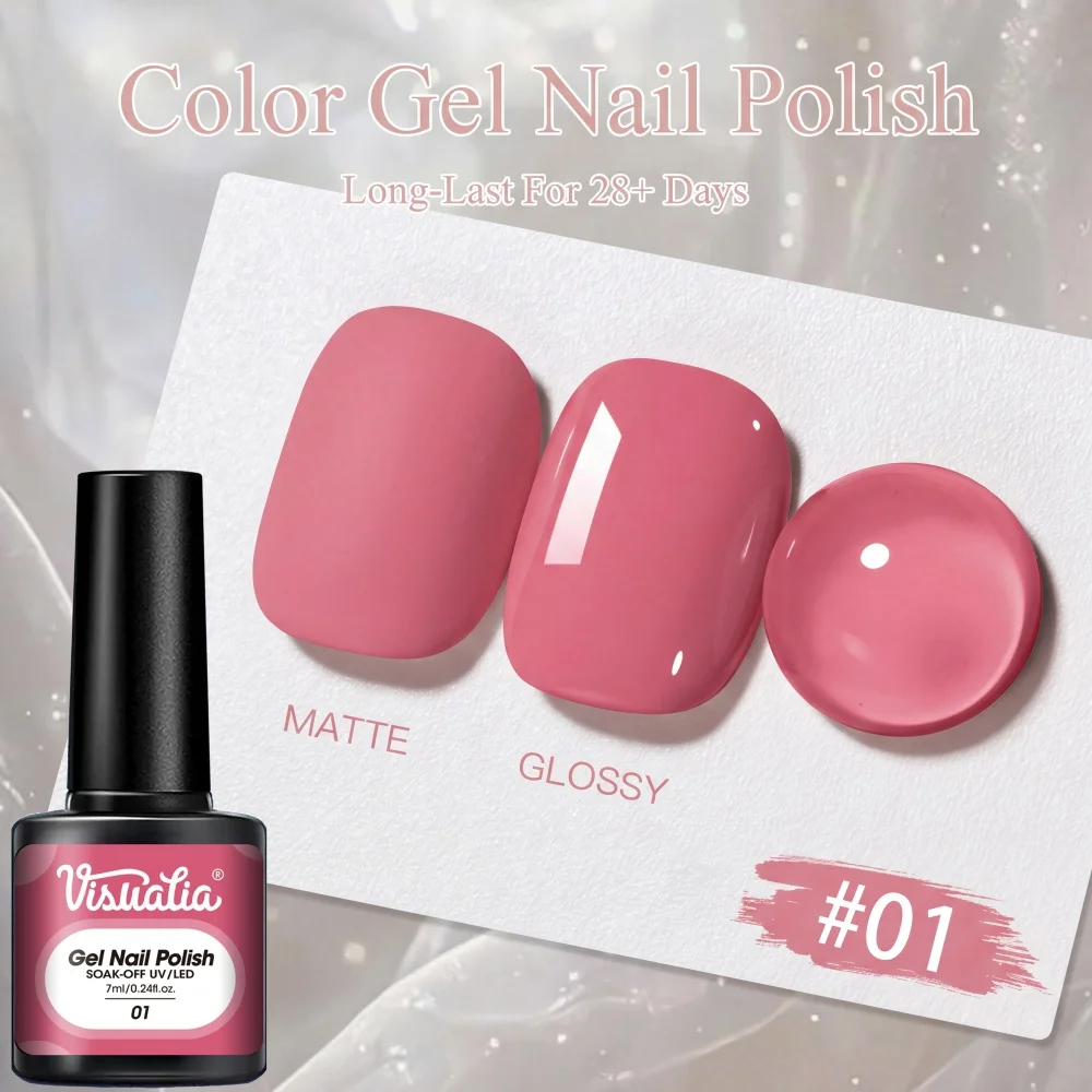 Visuatia # 01 Dusty Rose Solid Color Gel Polish 7 ml, removable UVLED nail gel, premium soft dusty rose shade, even texture for easy application, high-gloss mirror effect, simple and versatile, easy for beginners to use, long-lasting color retention, creating a gentle and clean manicure.