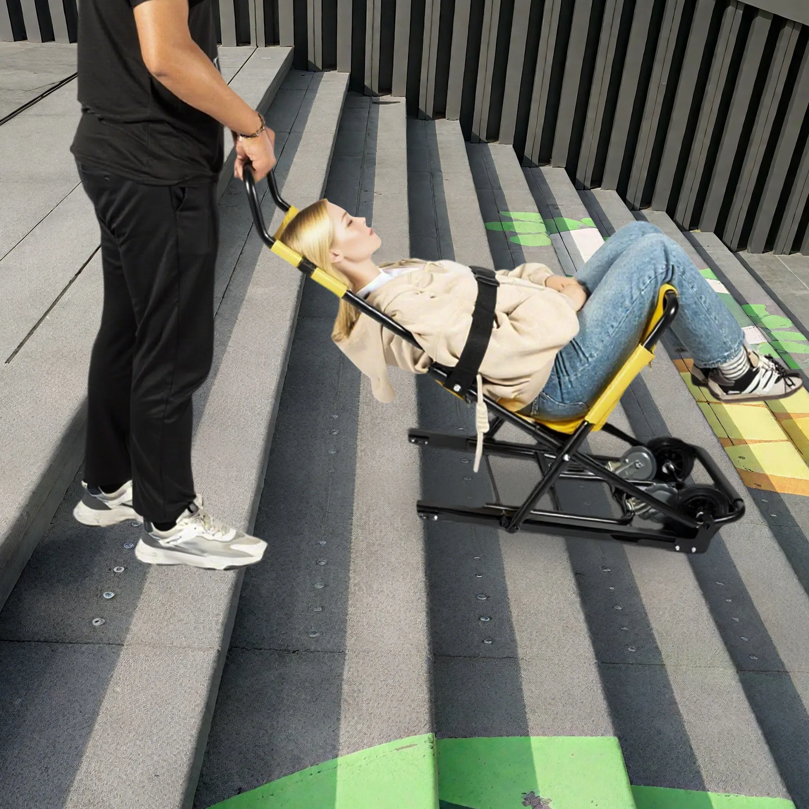 Folding Stair Chair – Aluminum Alloy – 350 lbs Capacity – 4 Wheels – Safety Belts – Emergency Rescue Stretcher for Hospital Home – Yellow Black