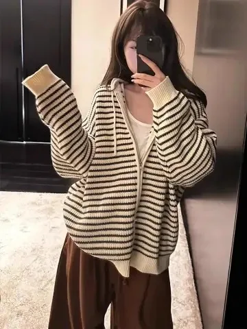 Hong Kong Style Striped Hooded Knitted Sweater Coat Women's Open Cardigan Spring Autumn Winter New Drawstring Zipper Versatil...