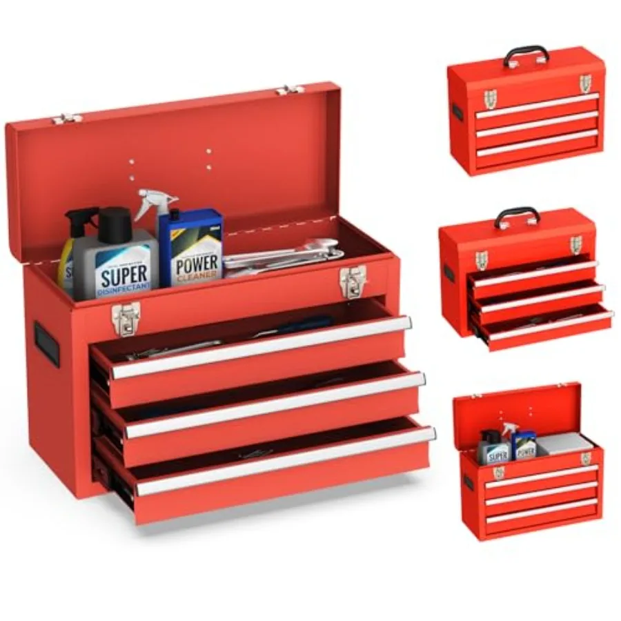

Portable Metal Tool Box 3 Drawer Steel Tool Box with Top Storage Tray and carrying Handle Multi-Function Tool Storage with Anti