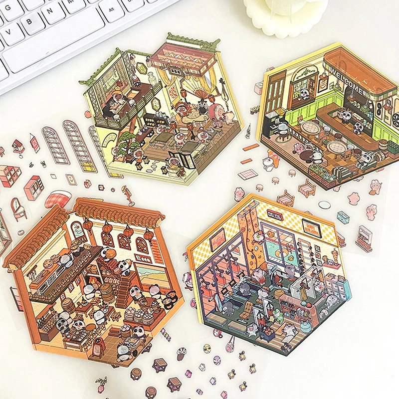 1 Set National Style Storage And Landscaping 3D Sticker DIY Cabin Scene Stacking Cartoon Children Stickers Gift For Kid Child