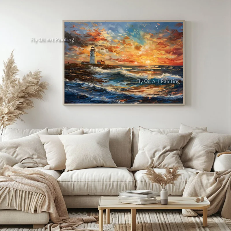 

Lighthouse In The Storm Canvas Painting Ocean Sunset Oil Painting Hand Painted Modern Abstract Wall Art Gifts For Home Decor